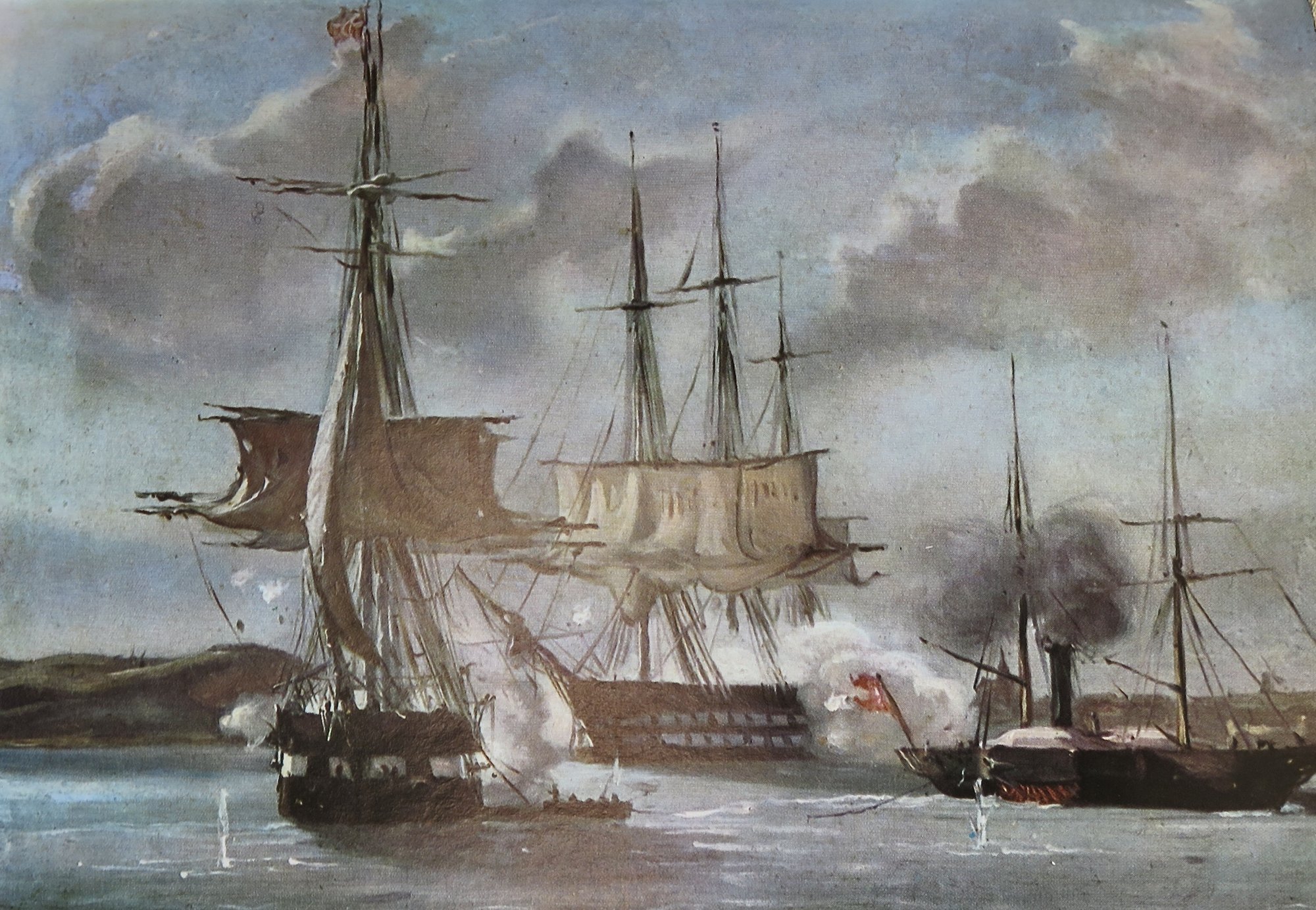 Maleriet af slaget i Egernførde Fjord med Gefion og Christian 8. af Vilhelm Pedersen.