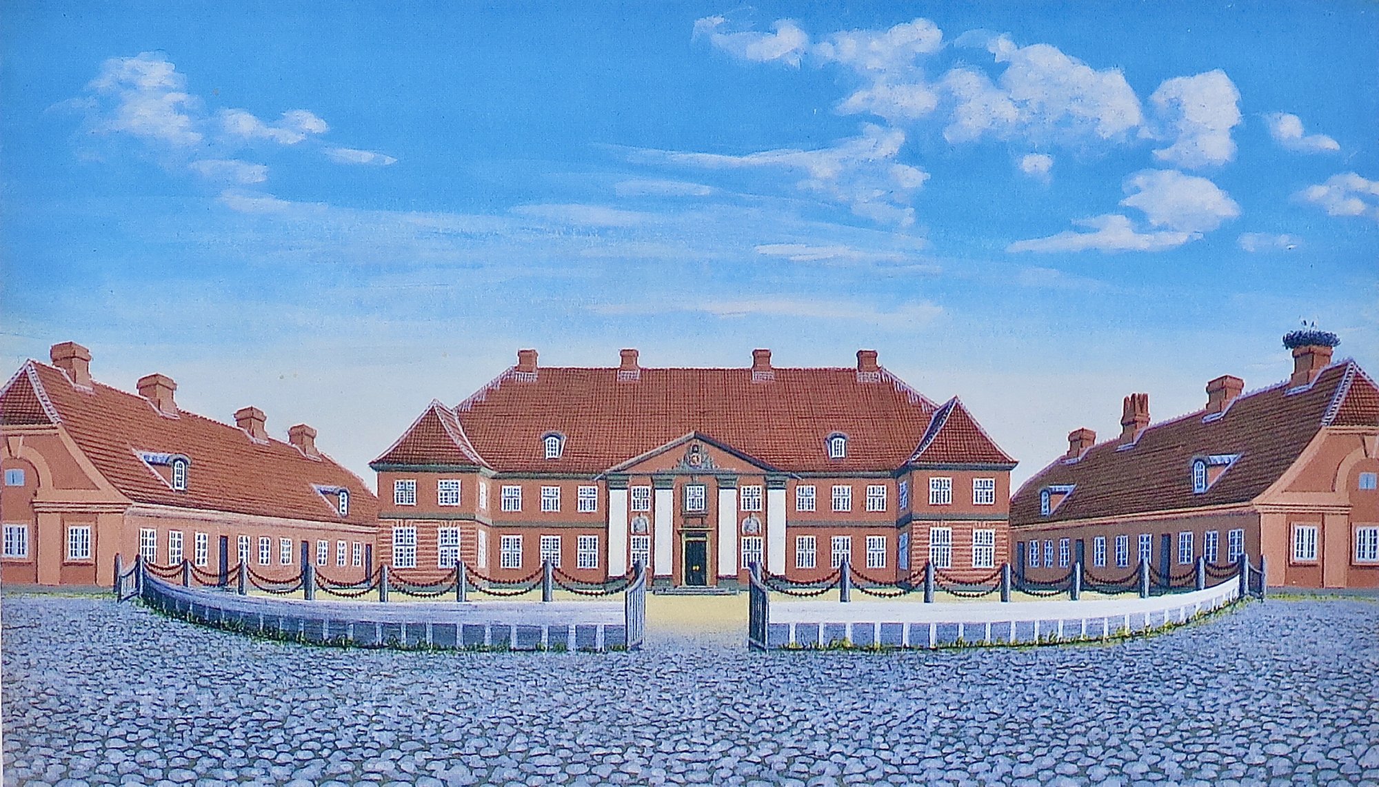 Gouache af Hindsgavl Slot med storkerede på skorstenen