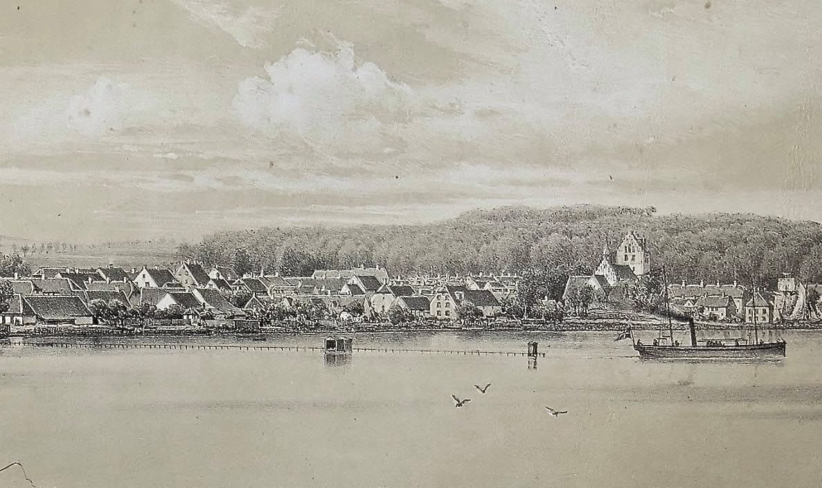 Litografi af Middelfart fra 1865 set fra vandet.