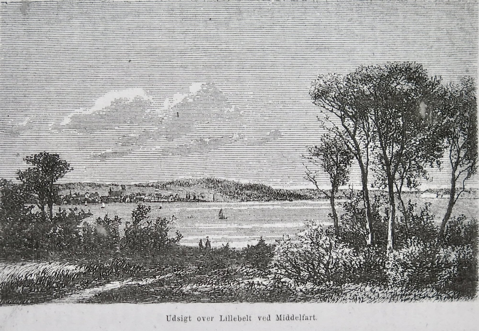 Middelfart set fra Snoghøj i 1879 med kig over Lillebælt mod byen og kirken.