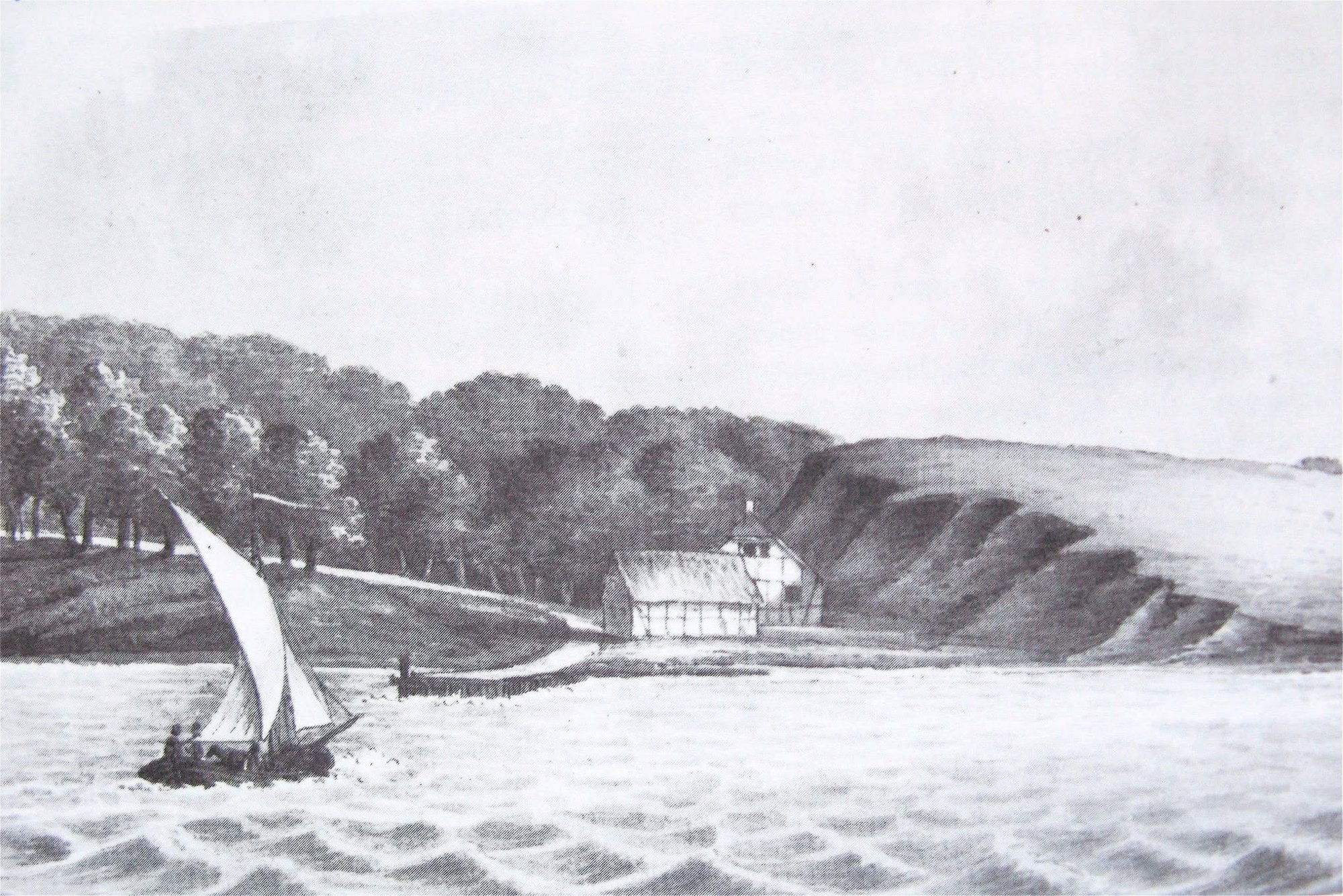 Illustration af Kongebrogården og gæstgiveriet ved vandet
