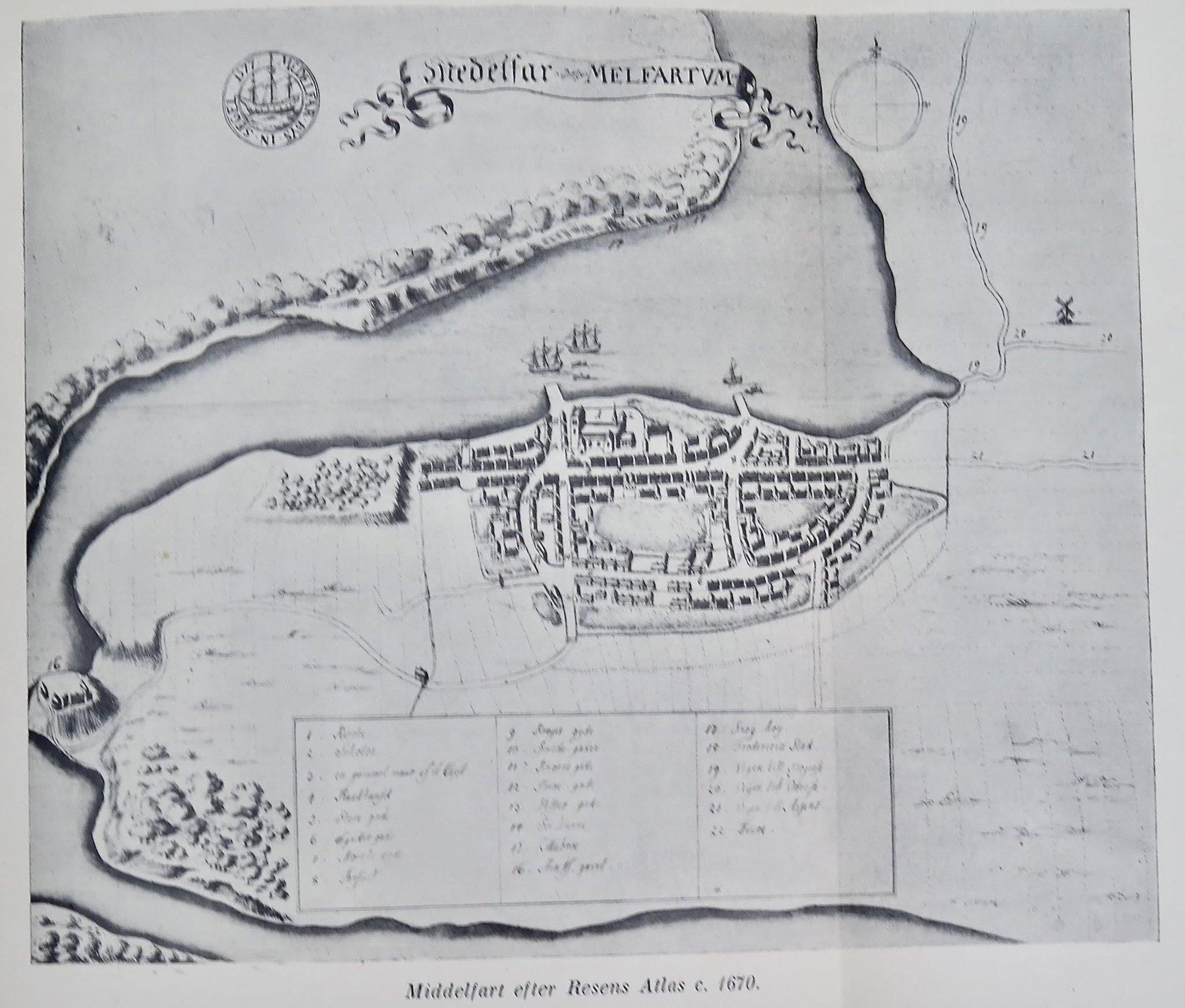 Kort over Middelfart og Lillebælt med gamle skibsbroer og skanser fra 1600-tallet.