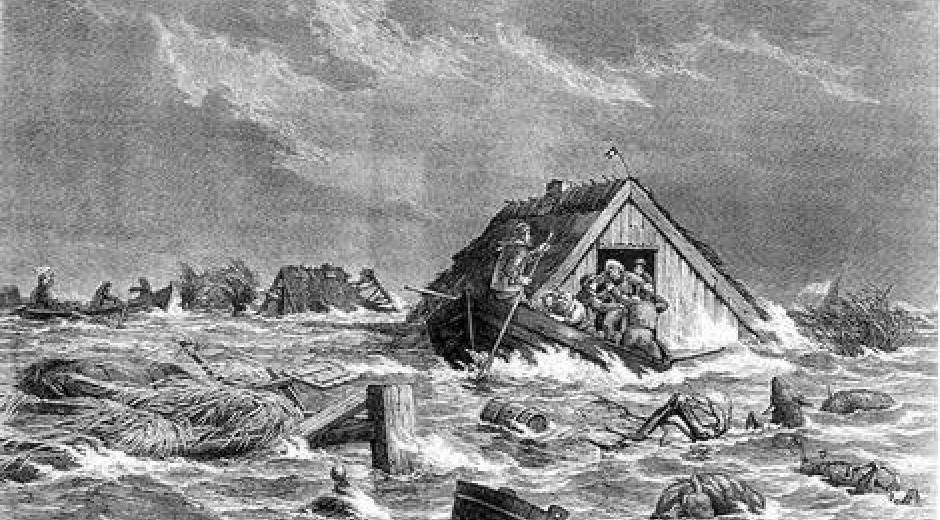 Oversvømmelse i Middelfarts gader under stormfloden i 1872