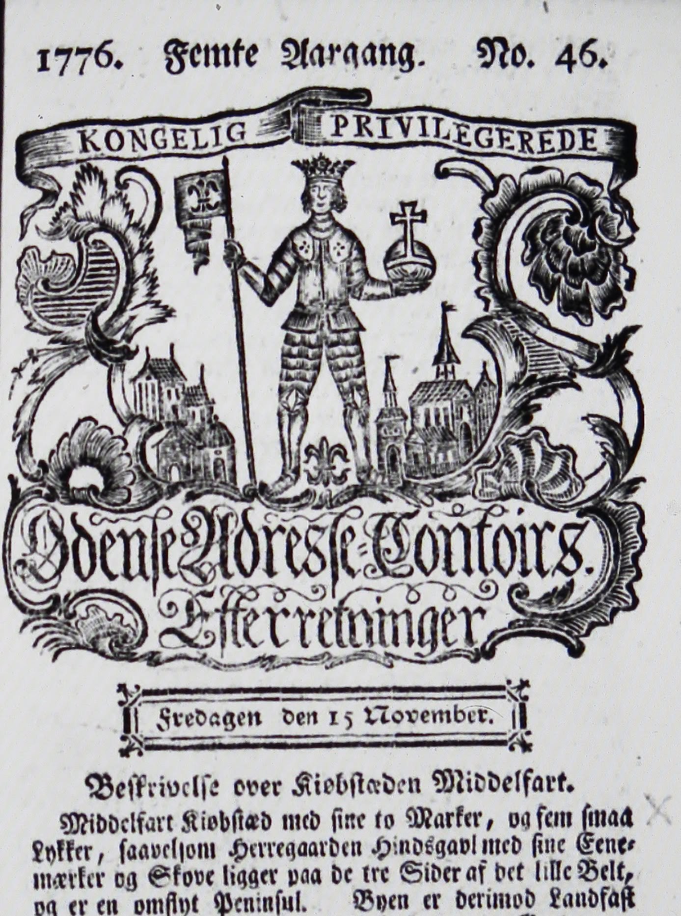 Gammelt kort eller illustration af Middelfart i 1700-tallet med bindingsværkshuse og skibe i Lillebælt.