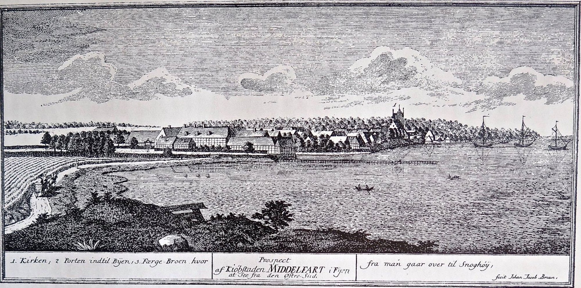 Historisk kort eller illustration af Middelfart kystlinje og landbrugslodder omkring 1806
