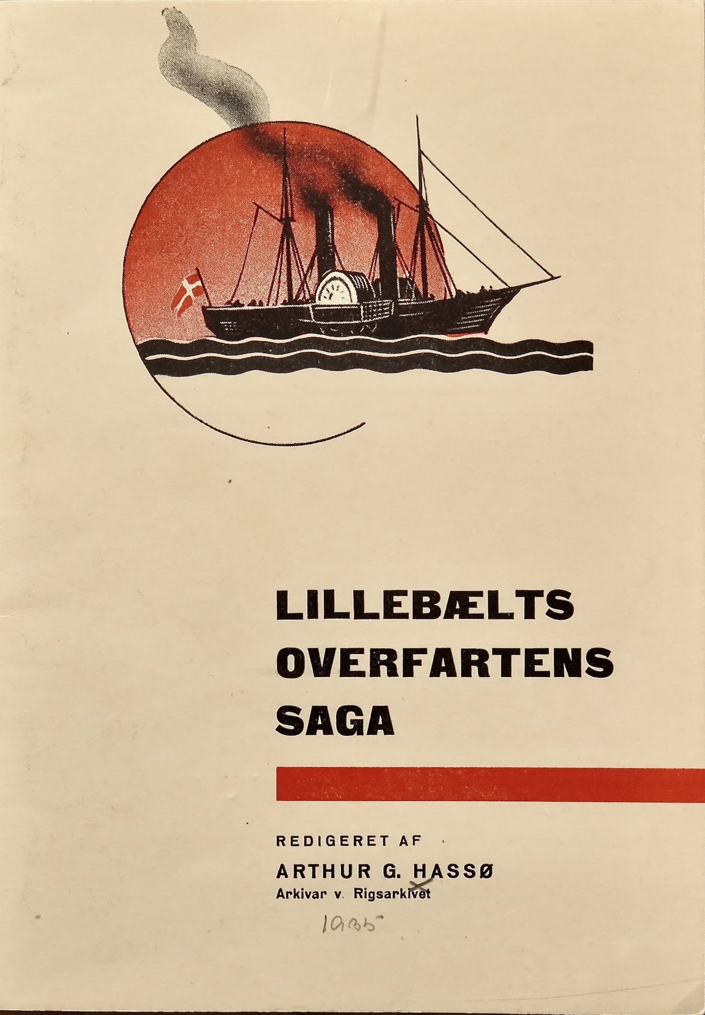 Forsiden af bogen Lillebælts overfartens saga med et tegnet skib og Lillebæltsbroen i baggrunden.