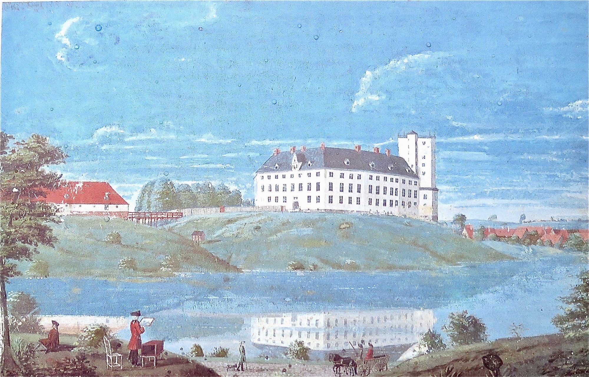 Kobberstik af Koldinghus Slot fra 1747 set fra fjorden.