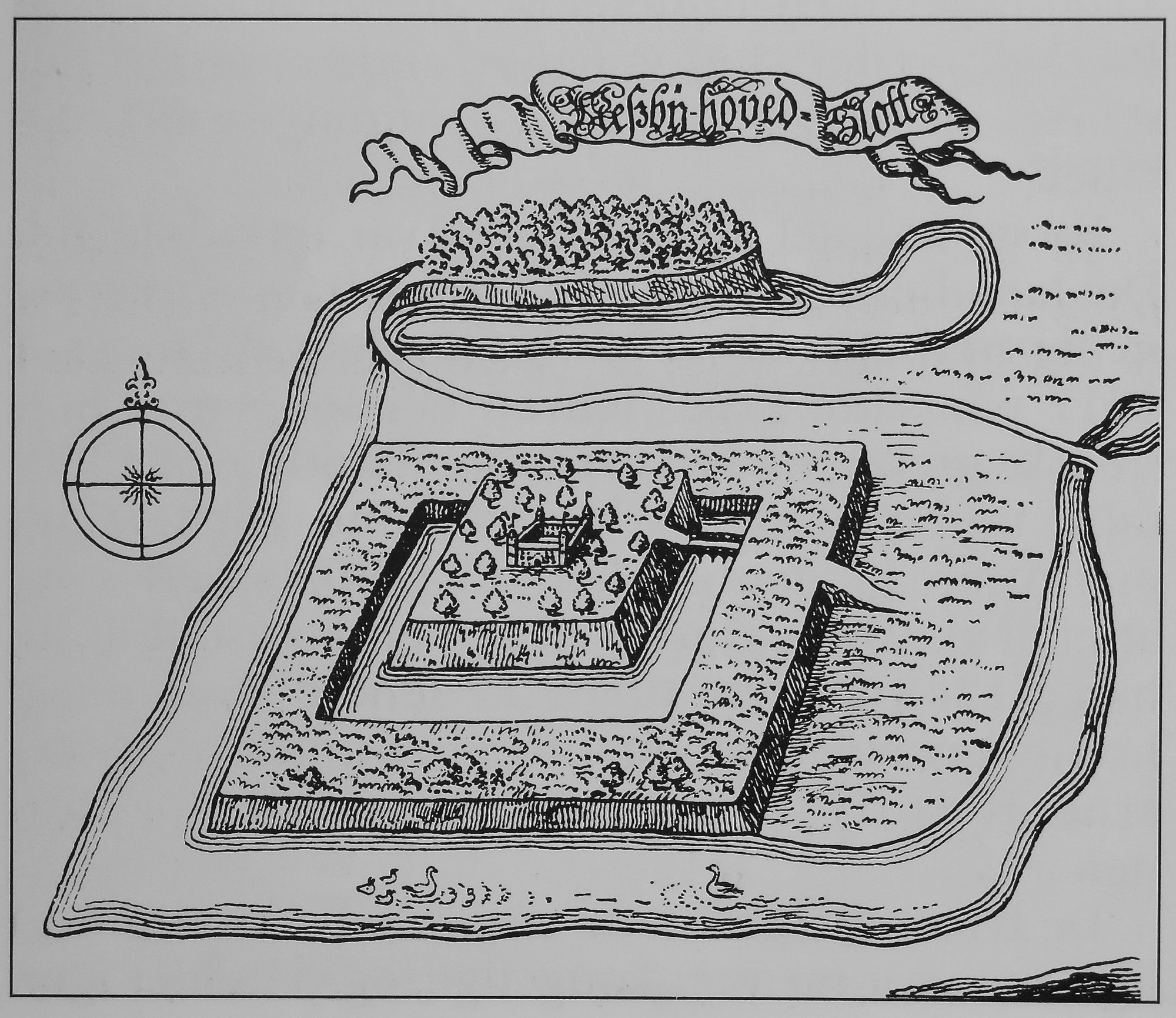 Skitse af Næsbyhoved slot fra omkring 1680 med kanal og befæstning.