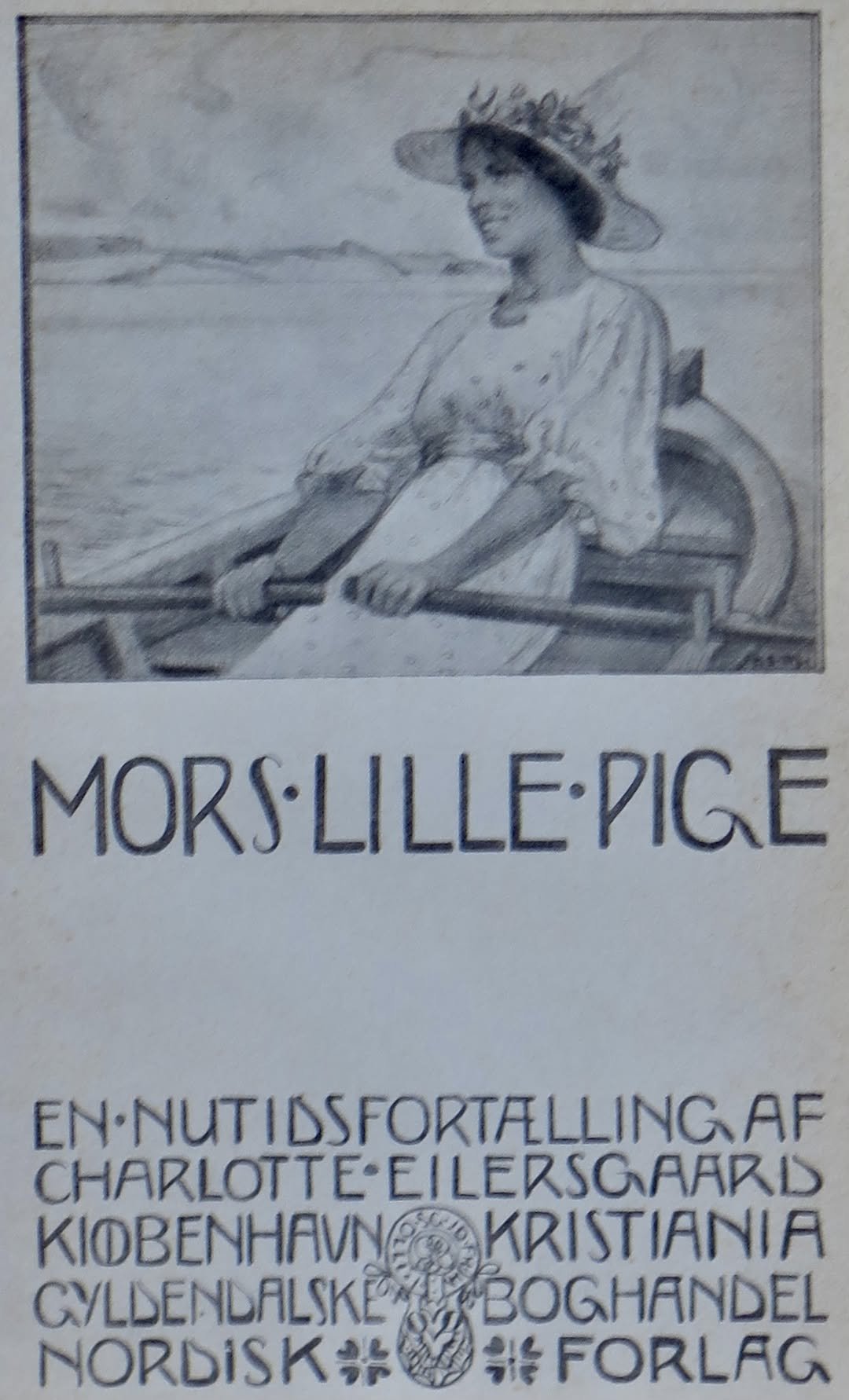 Bogomslag af Harald Slott-Møller til 'Mors lille pige' med en pige i en jolle.
