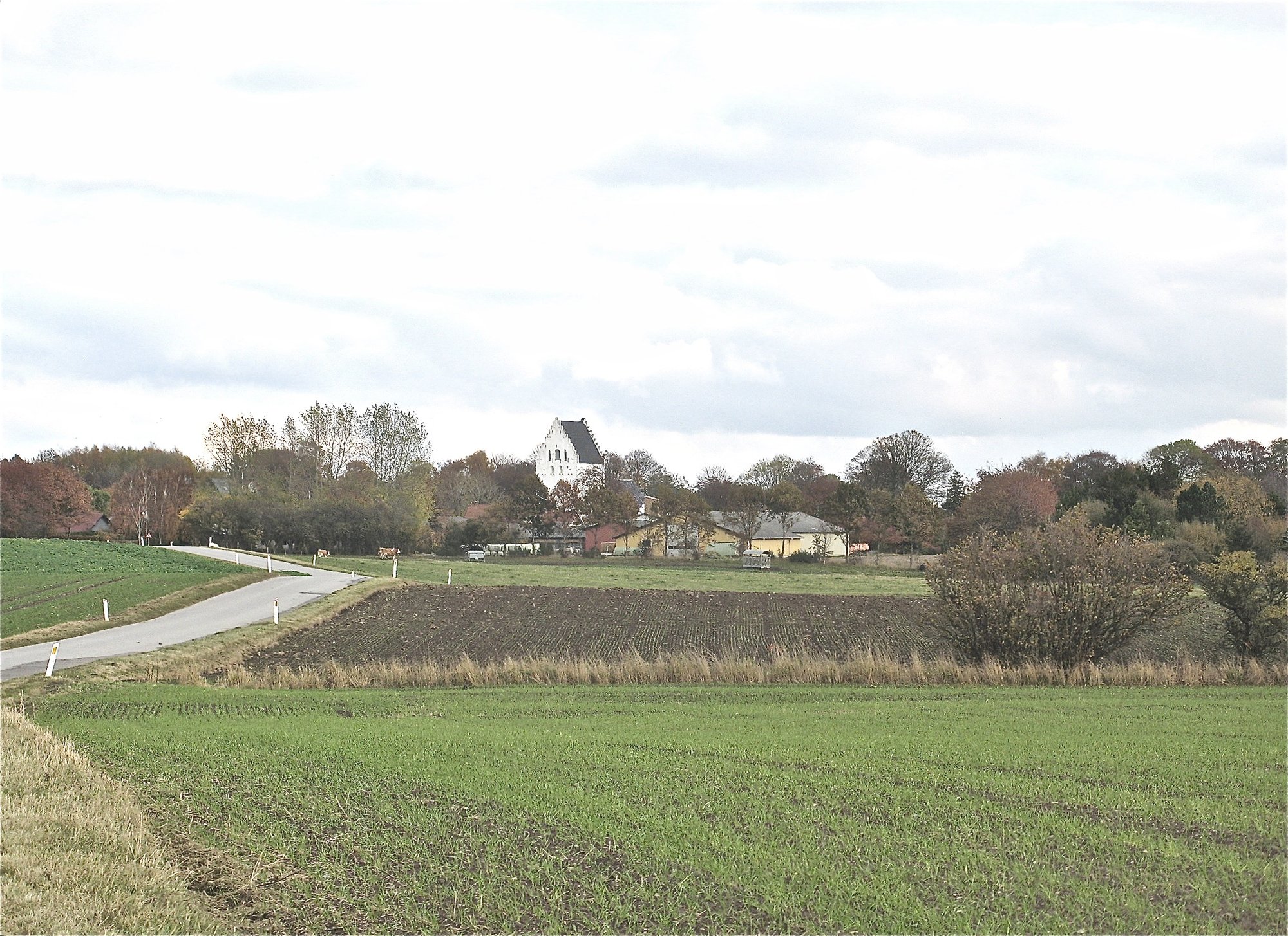 Vejlby kirke for enden af Nybølvej set fra landevejen.