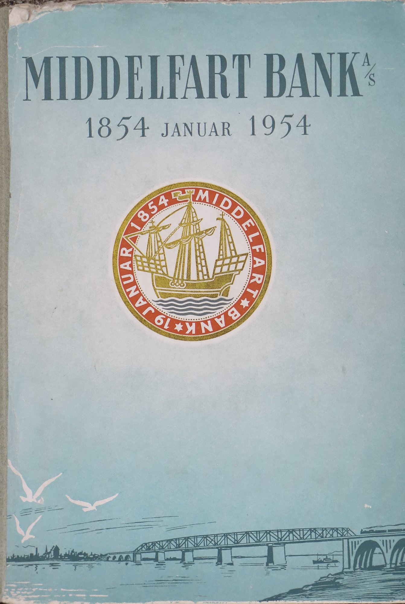 Gammelt bogbind af jubilæumsbog om Middelfart Bank 1853-1953.