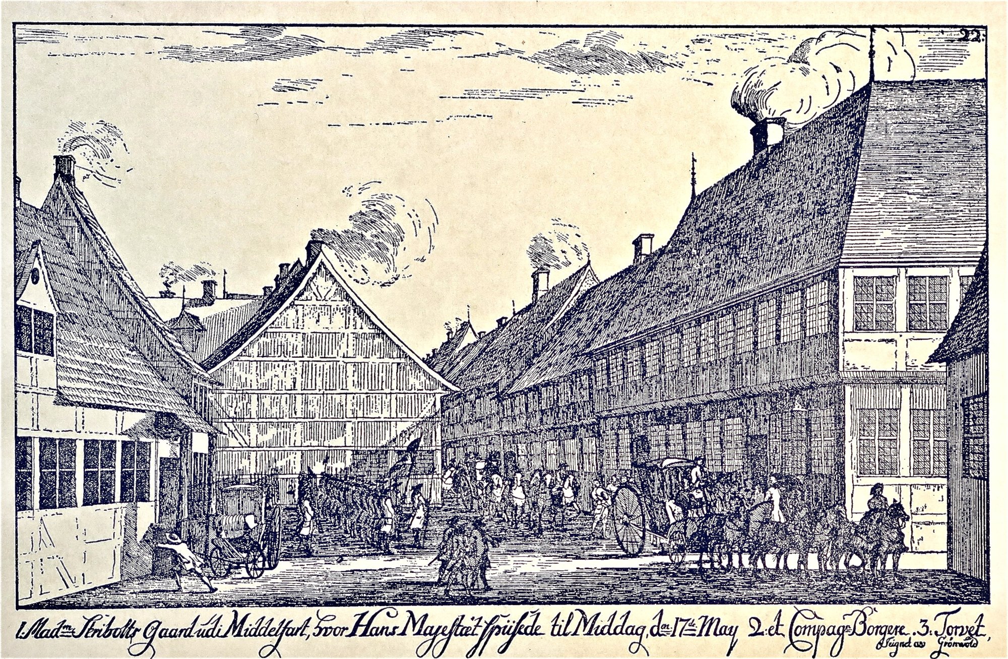 Tegning af torvet i Middelfart under kong Frederik 5.s besøg i 1748.