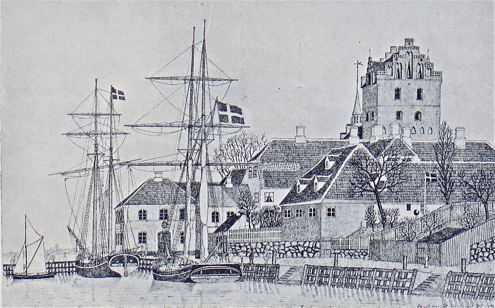 Tegning af Middelfart Havn i 1871 med toldbygningen, Behrendts Hotel og skibe ved kajen.