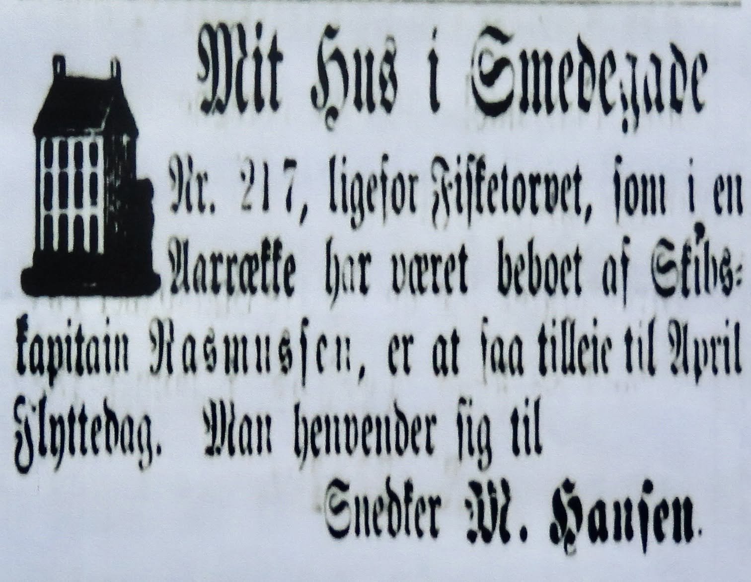 Gammel annonce fra Middelfart Avis vedrørende et hus ved Fisketorvet og Smedegade.