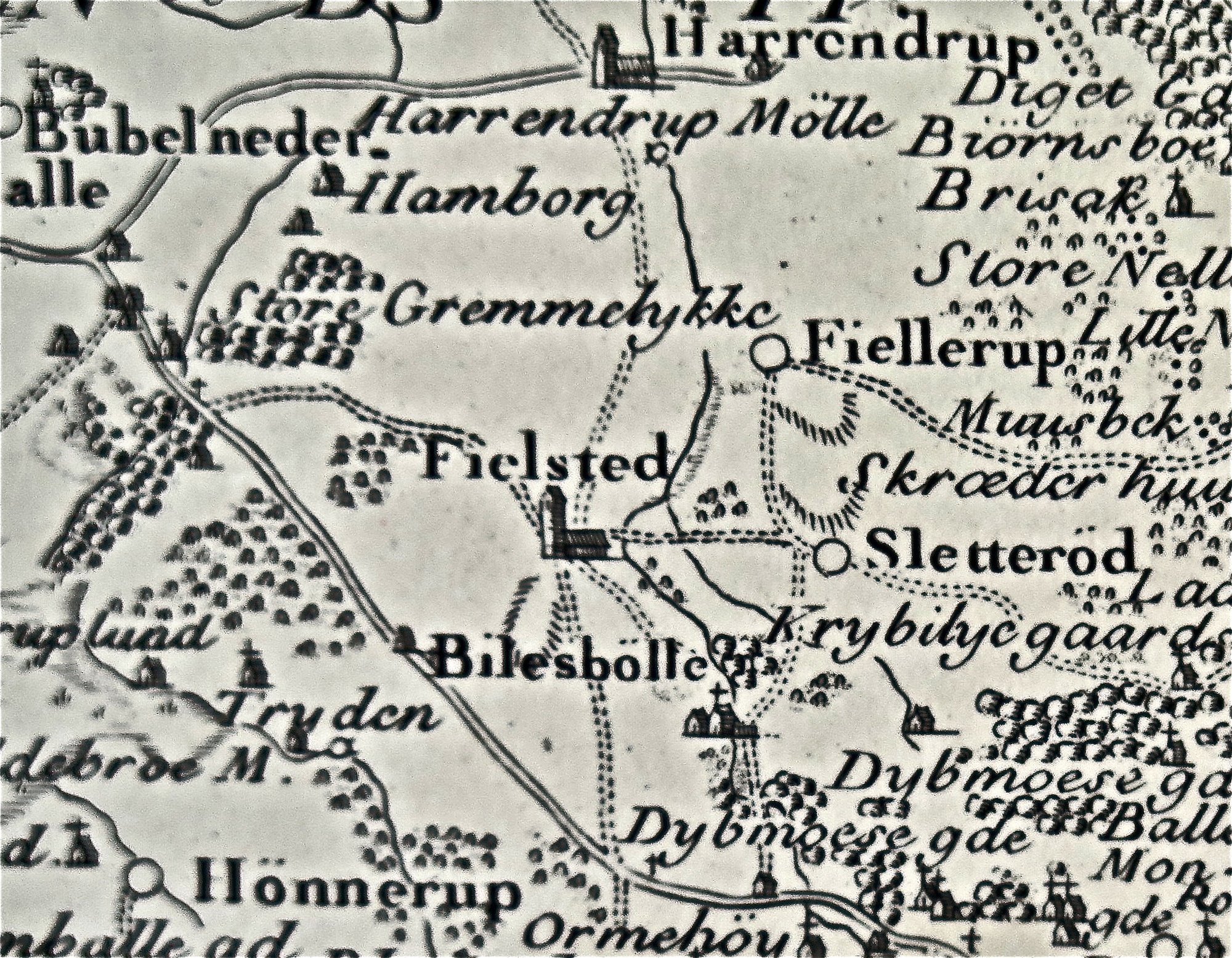Udsnit af Videnskabernes Selskabs kort fra 1780 over området syd for Fjelsted