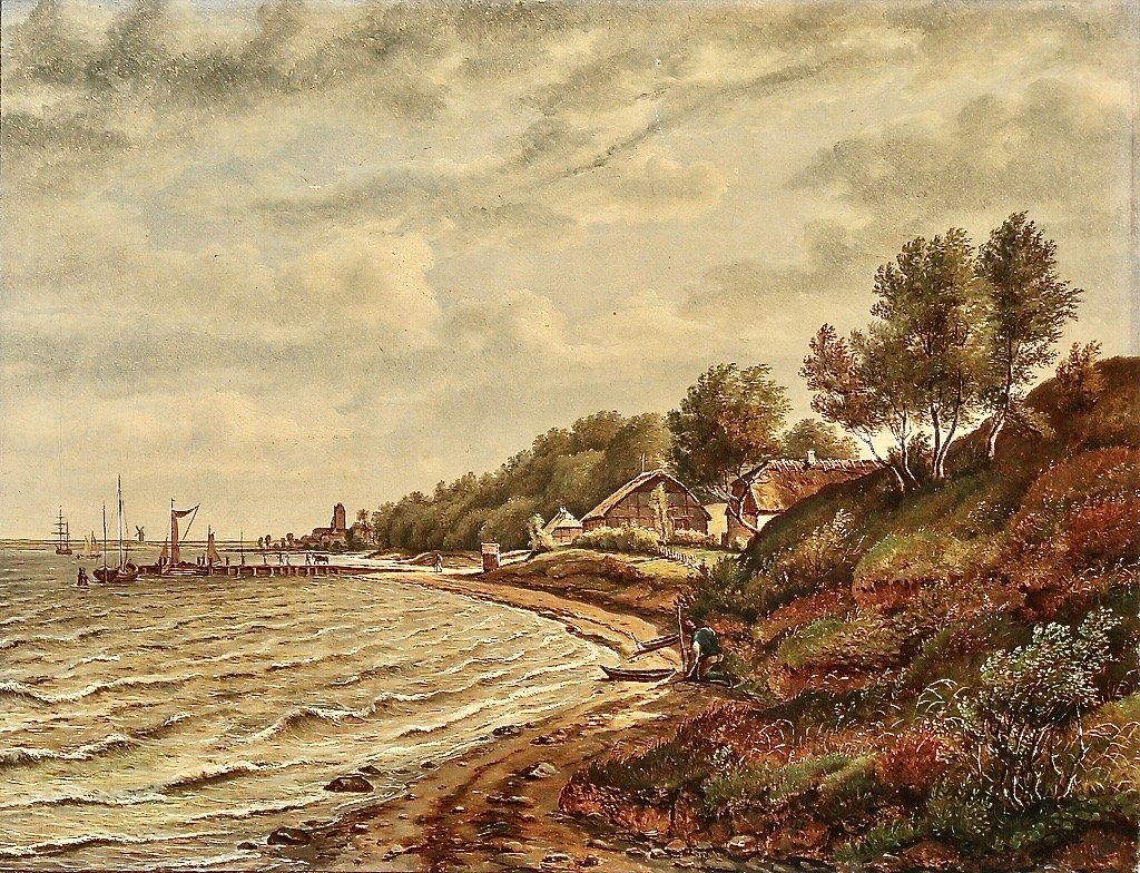 Oliemaleri af Kongebroen med skibsbro og gæstgivergård fra 1832.