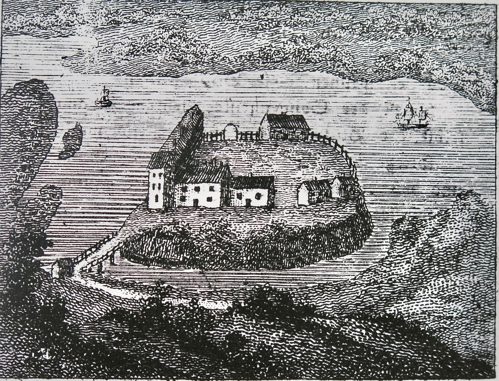 Illustration af Hindsgavl slot på banken fra Vedel Simonsens værk om borgruiner.