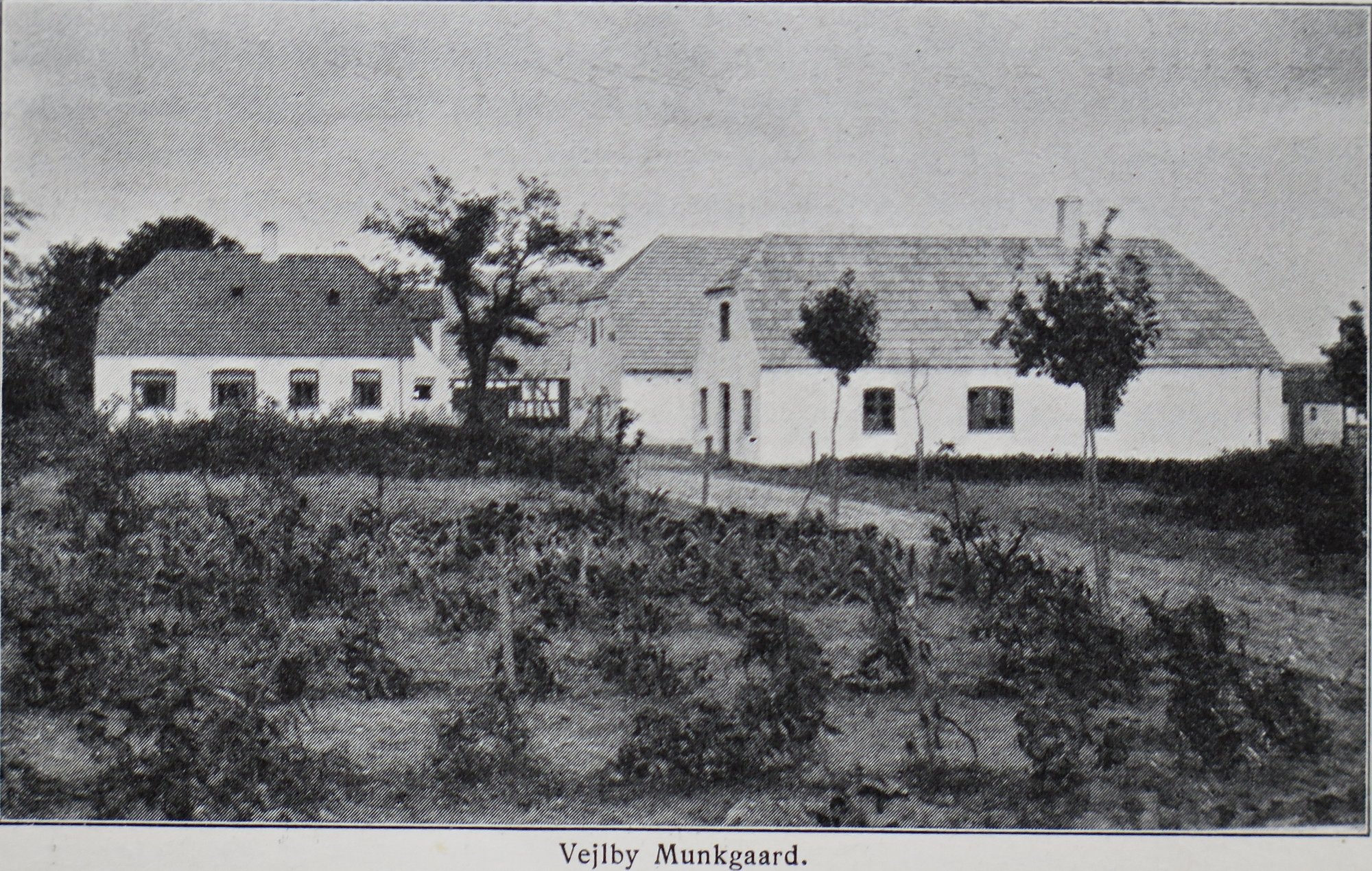 Vejlby Munkgård optagelseshjem med marker og engdrag i baggrunden.
