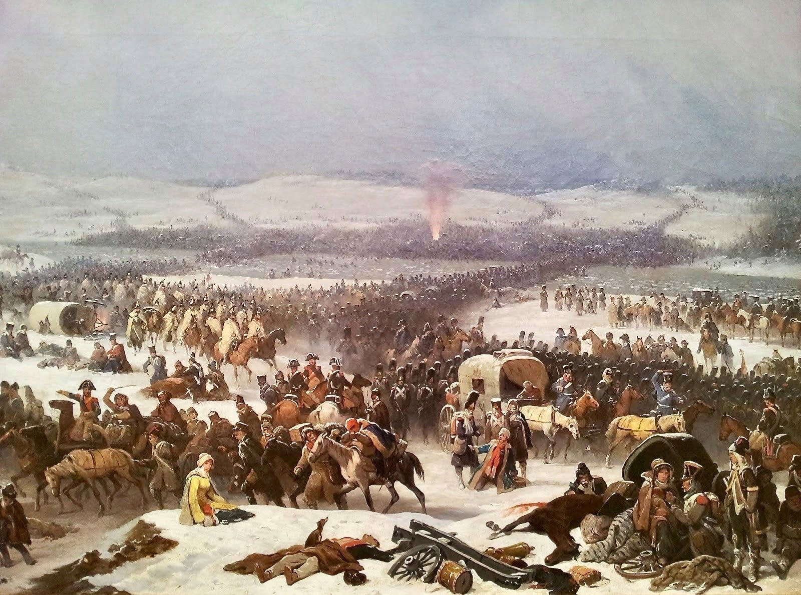 Illustration af Napoleons tilbagetog fra Moskva i 1812 med heste og vogne.